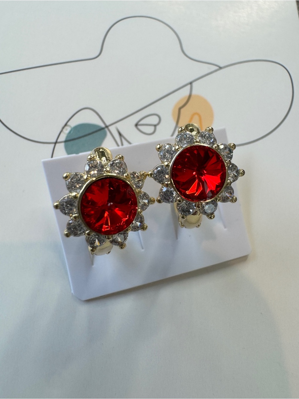 14K Plated Red Crystal Sunburst Zirconia Hoop Earrings
